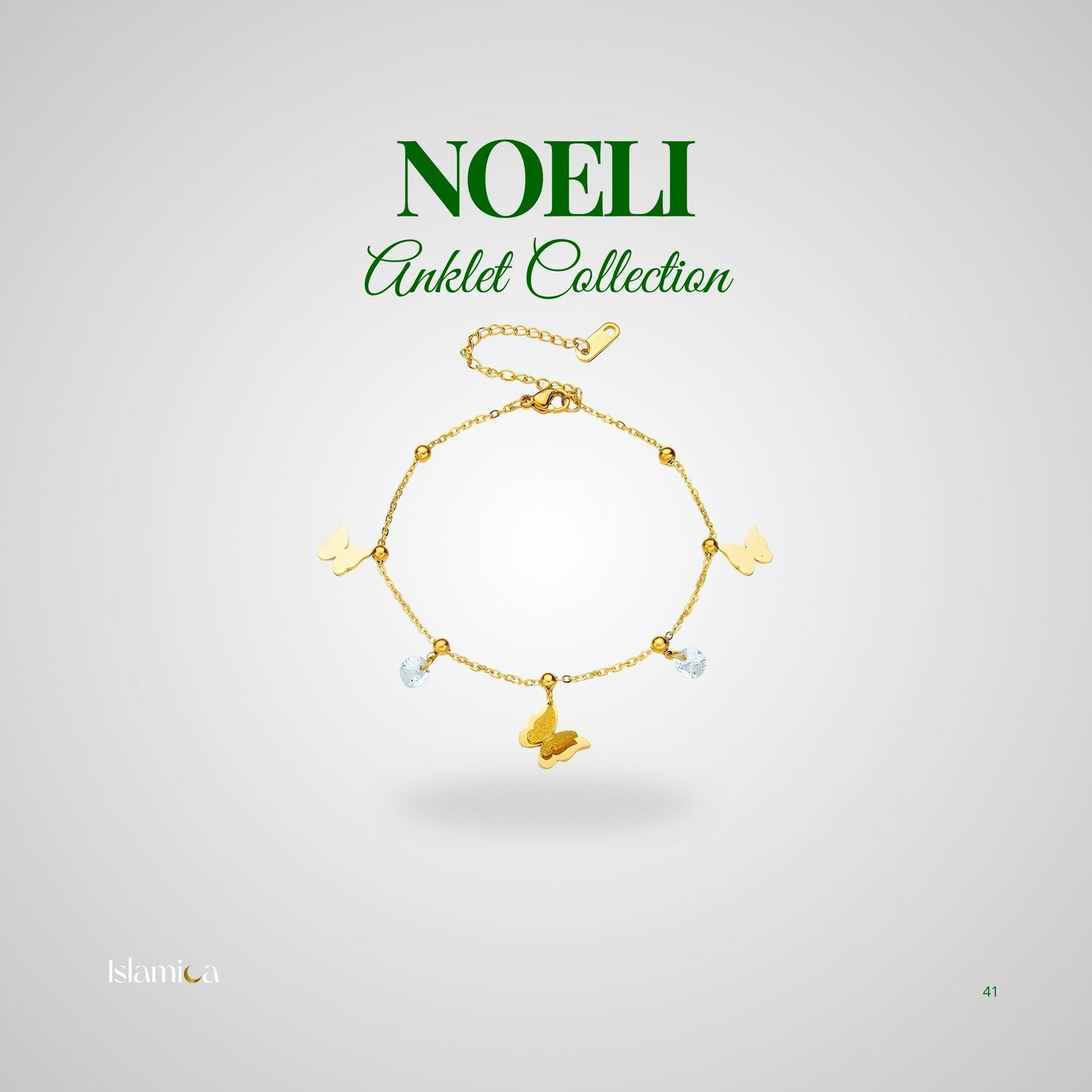 Noeli collection gold-plated anklet featuring delicate butterfly and gemstone details.