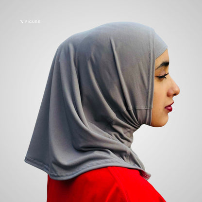Grijze XFigure I AM hijab zijprofiel – comfortabele hijab voor startende moslima’s die willen praktiseren